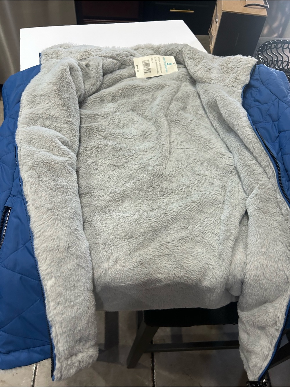Free Country Blue Quilted Puffer Jacket with Light Gray Faux-Fur Lining